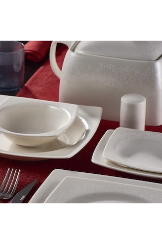 Güral Caroline 62 Parça Kare Yemek Takımı Platin File YT4981