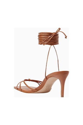 Schutz Lace-up Wrap Metalik Deri Bağlamalı Modern Şık Sandalet, Ayarlanabilir Bağcıklı Tasarım Kahverengi