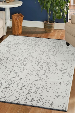 Modern Desenli Dekoratif Yıkanabilir Şönil Dokuma Saçaklı Kaymaz Taban Salon Mutfak Halı Kilim Krem