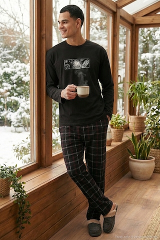 Buratti Ekoseli Pamuklu Regular Fit Yüksek Bel Bisiklet Yaka Erkek Pijama Takımı 6574000 Siyah