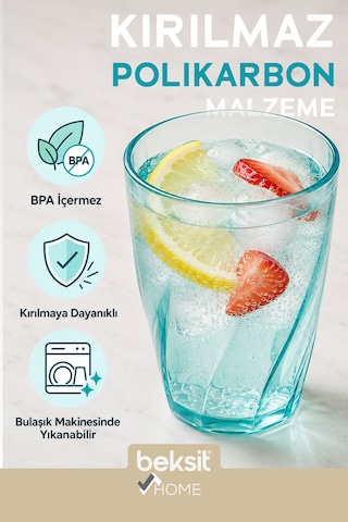 Beksit Home Glassy Kırılmaz Polikarbon 6'lı Bardak Turkuaz (400 ml)