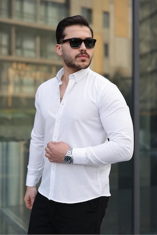Baselco Premum Dik Yakalı Slim Fit Keten Görünümlü Gömlek Beyaz