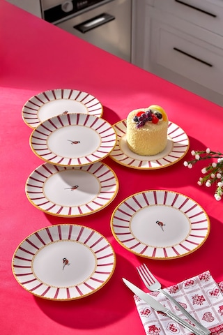 6lı Pasta Servis Tabağı Seti - Kuş Desenli Çizgili Kek Tatlı Kurabiye Davet Sunum Tabak Takımı -17cm Beyaz - Pembe 6lı Pasta Servis Tabağı Seti - Kuş Desenli Çizgili Kek Tatlı Kurabiye Davet Sunum Tabak Takımı -17cm Beyaz - Pembe