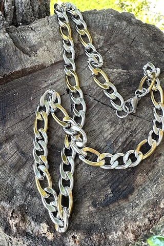 Figora Model Erkek Kalın Yassı Gümüş Ve Altın Çift Renk Gold Silver 316l Paslanmaz Çelik 50cm Kolye