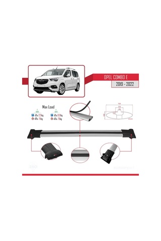 Opel Combo E 2019-2022 Arası İle Uyumlu Fly Model Ara Atkı Tavan Barı Gri 3 Adet Bar