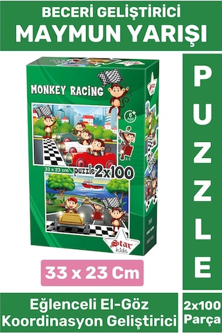 Premium Seri Eğlenceli El Göz Koordinasyon Beceri Geliştirici Çocuk 2x100 Puzzle Maymun Yarışı