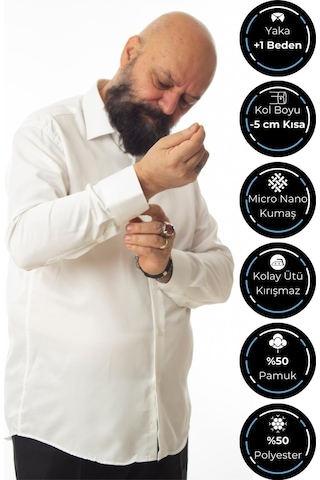 Krem Ekstra Büyük Yaka 4 Drop Rahat Kesim Micro Kumaş Kol Düğmeli Regular Fit Erkek Gömlek - 189-10-dc24w 001