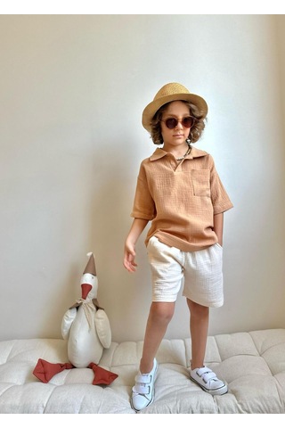 Jolly Kids Erkek Çocuk Müslin Kumaş Gömlek Yakalı Takım Kahverengi
