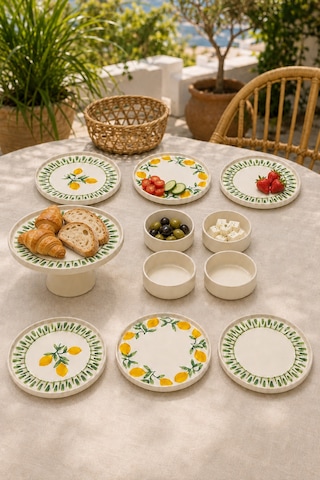 Yeşil Limon 11 Parça 6 Kişilik Handmade Stackable Seramik Tabak Seti Premium Sunum & Kahvaltı Takımı Beyaz