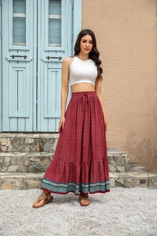 Kadın Bohem Retro Baskılı Salıncak Etek Kırmızı
