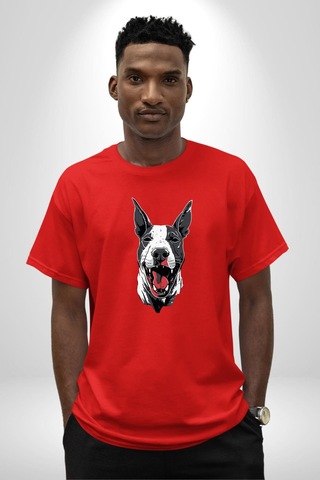 Doberman Kırmızı Dil Siyah Dik Kulak Pamuklu Bisiklet Yaka Unisex Oversize Boyfriend Dijital Baskılı Kırmızı T-shirt Kırmızı