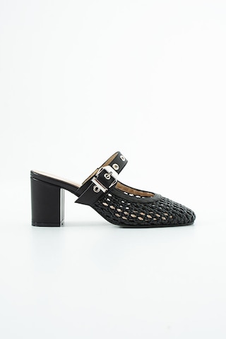 Dericia Shoes Aveline Hakiki Deri Kadın Örgülü Kalın Topuklu Terlik Siyah