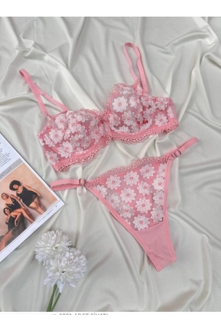 Arona Kadın Balenli Transparan Papatya Desenli Tanga Sütyen Takımı Pembe Papatya Pembe