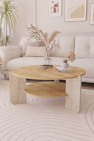 İskandinav Orta Sehpa 90 Cm, Bohem - Safir Meşe & Traverten