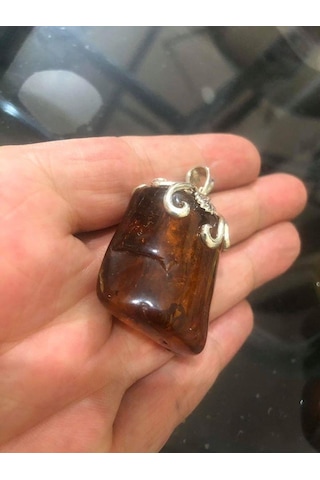 Doğal Kaya Damla Kehribar Kolye Ucu Otantik Gümüş Aparatlı 16,55 Gram