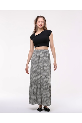 Önden Düğmeli Tek Fırfırlı Uzun Çingene Etek Beyaz