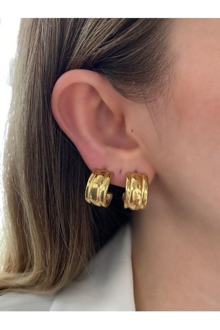 Vintage Çizgili Yarım Halka Çelik Kararmaz Küpe Çifti Altın