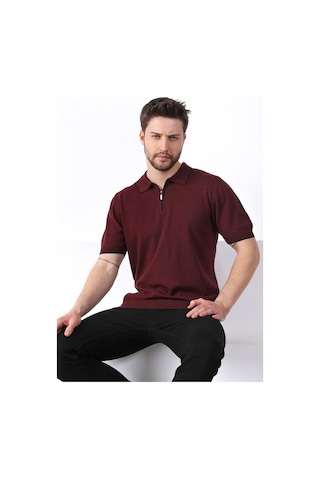 Ferraro Bordo Yaka Şerit Fermuarlı Erkek Pamuk Triko T-Shirt-Bordo