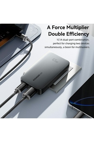 Tongxida 65w Hızlı Şarj Adaptörü, Usb A + C Çift Bağlantı, Ultra İnce Seyahat Şarj Cihazı, Siyah