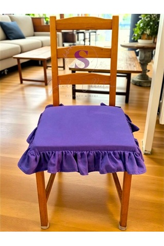 Mor Renk Buldan Yıkanmıs Keten 4 Tarafı Fırfırlı Sandalye Minderi Mor