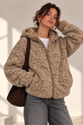 Bb Butik Basic Kadın Kapüşonlu Fermuarlı Peluş Ceket Oversize Rahat Kesim My3535 Kahverengi