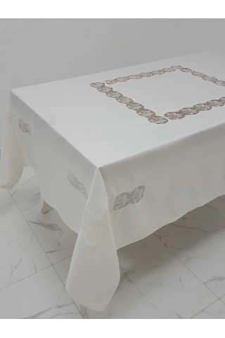Bahar Lüx Dantelli Krep Kumaş Krem Masa Örtüsü 170x330 Cm - 1001 Çok Renkli