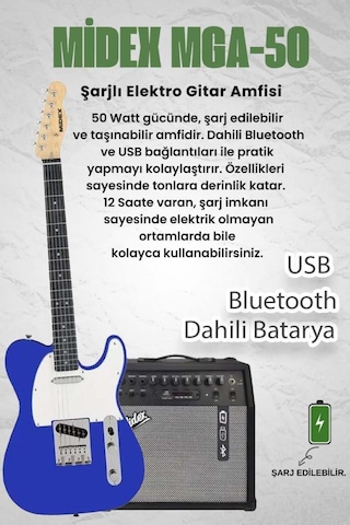 Midex Tlx-50bl-50amp Tele Kasa Maple Klavye 2 Single-coil 50w Amfili Elektro Gitar
