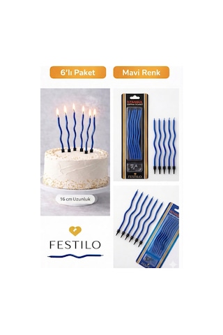 6 Lı Kıvrımlı Mum Mavi Pasta Süsü Spiral Mum Pasta Mumları 16 Cm
