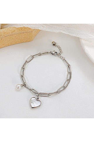 Gümüş Opk Çift Katlı Aşk İnci Paslanmaz Çelik Bileklik Gümüş