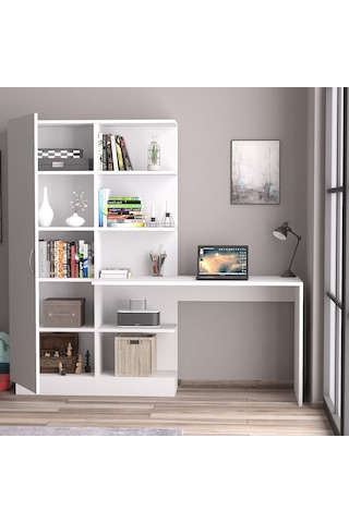 Narin Raflı Kitaplıklı Askılıklı Dolaplı Çalışma Masası Beyaz (Dolap Sol)