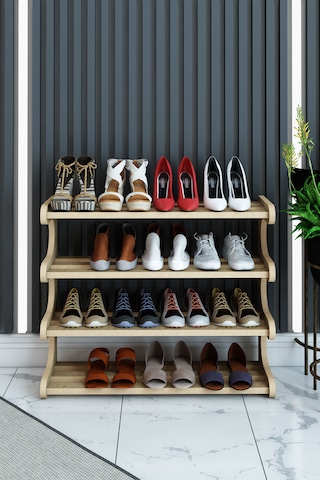 Selvi- Safir Meşe -4 Raflı Ahşap Ayakkabılık -çok Amaçlı Dekoratif Raf, Organizer Safirmeşe