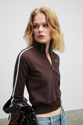 Grimelange Repeta Kadın Dik Yakalı Nakış Detaylı Fermuarlı Slim Fit Kahverengi Ceket Kahverengi