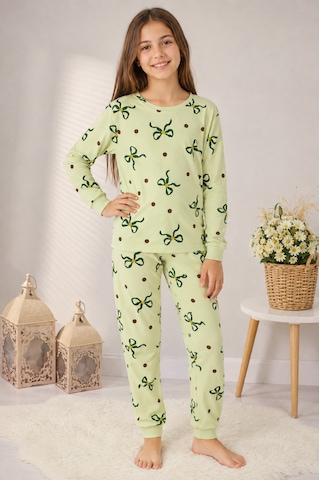 Durukoza %100 Pamuk Kız Çocuk Pijama Takımı Fiyonklu 4 Mevsim Açık Yeşil