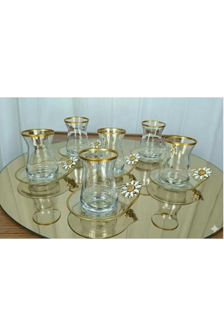 Çnr Home Collection Özel Seri Yaldizli Papatya Detayli 6'lı Çay Seti Gold