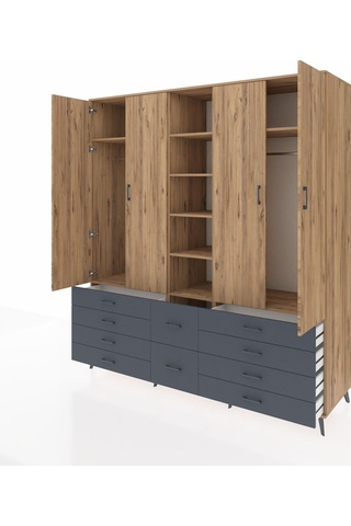 Kronos Dolap 9 Raflı 10 Çekmeceli 2 Askılı 220x59x243 Çam-çam/antrasit Atlas Çam/antrasıt