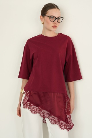 Verymoda Dantel Ve Saten Detaylı Asimetrik Tişört D2942 Bordo