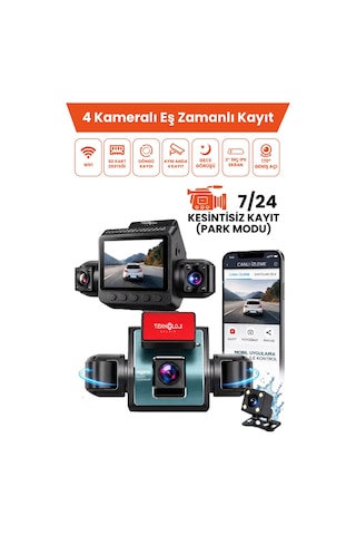 4 Kameralı Araç İçi Kamera Lcd Ekranlı 360 1080p Hd Gece Görüşü, G Sensor, Park, Döngü Kayıt Wdr, Uygulama Kontrol