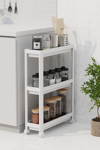 Mithra Life 3 Katlı Tekerlekli Slim İnce Beyaz Banyo Mutfak Rafı Mıt1125 Beyaz