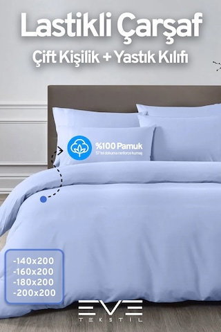 Eve Tekstil Pamuklu Çift Kişilik Rainforce Kumaş Lastikli Çarşaf Ve Yastık Kılıfı Set Mavi