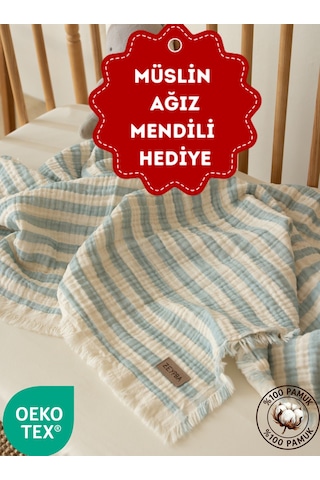 Zeypba Mavi Çizgili 4kat Müslin Püsküllü 4 Katlı Müslin 110x110cm Mavi - Beyaz