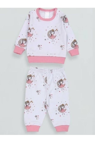 Kız Bebek Desenli Pamuklu Pijama Takım-15340 Beyaz