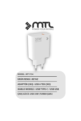 33w Turbo Şarj Saniyeli Usb Çıkışlı Hızlı Şarj Adaptörü Mt1754 46685672