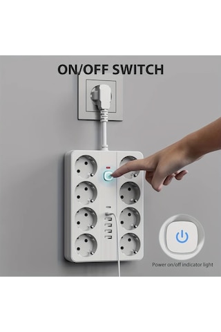 Honeybeeshop 1 Adet 14ü 1 Arada Şarj Koruma Güç Şeridi Kısa Kablo 8 Ac Çıkış 4 Usb A 2 Type C Beyaz