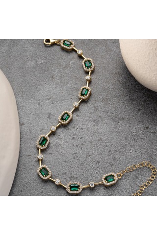 Kadın 925 Ayar Gümüş Zümrüt Taşlı Zarif Bileklik Altın