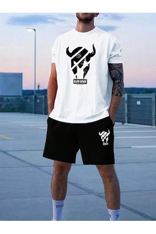Unisex Oversize Slow Down Baskılı Bisiklet Yaka Beyaz T-shirt Siyah Şort Beyaz