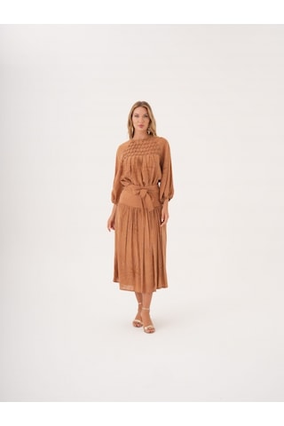 Büzgü Detaylı Kuşaklı Viskon Ve Keten Karışımlı Bluz CAMEL