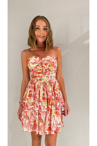 Fashion Cocktail Minik Çiçekli Gizli Sırt Fermuarlı Astarlı Straples Uçuşan Şifon Trendy Gece Elbisesi Ekru