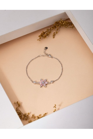 925 Ayar Pembe Taşlı Rodyum Lotus Çiçeği Gümüş Bileklik Gümüş - Rodyum