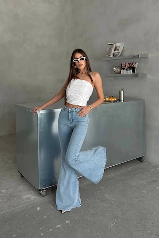 Extra Geniş Paça Yüksek Bel Likralı İspanyol Jeans Buz Mavi