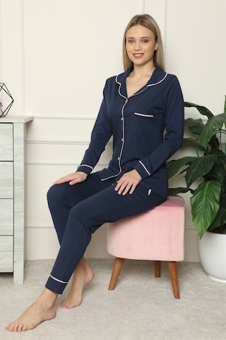Akbeniz Kadın %100 Pamuk Penye Önden Düğmeli Uzun Kol Pijama Takı